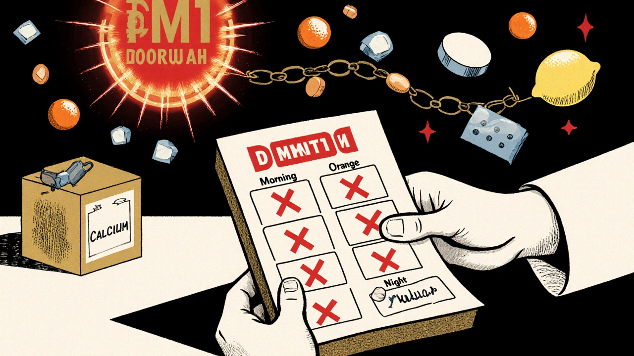 A pharmacist organizing pills into morning and night slots, with minerals chained by red X marks and a glowing DMT1 doorway.