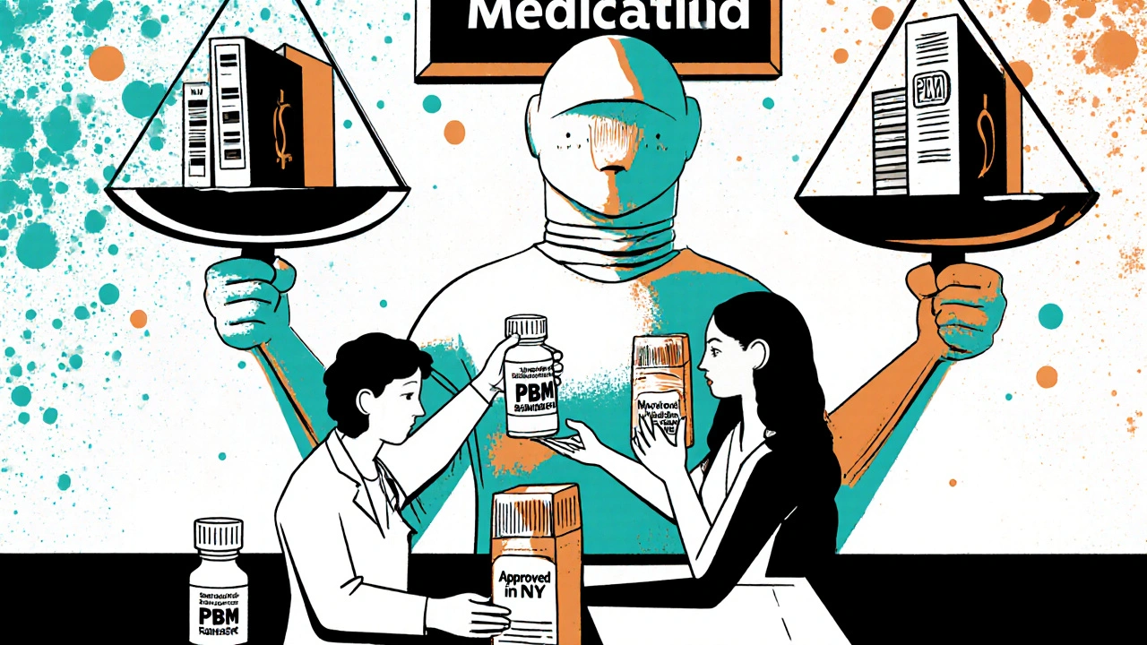 A pharmacy scene with contrasting pill bottles and a towering PBM figure controlling rebates and files.