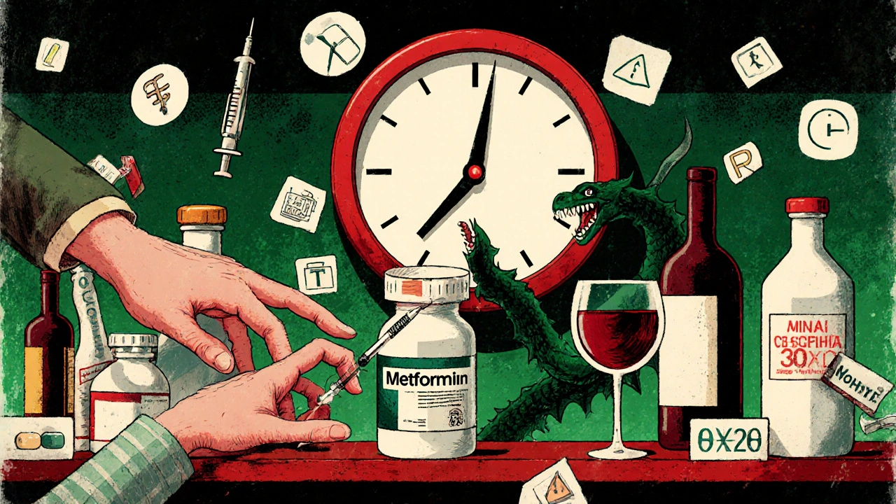 A pharmacy shelf battlefield with pills and alcohol bottles in combat, an elderly hand reaching for medication.