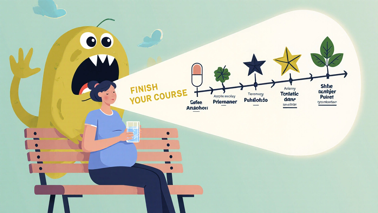A pregnant woman taking probiotics while a C. diff monster recoils from a &#039;Finish Your Course&#039; sign.