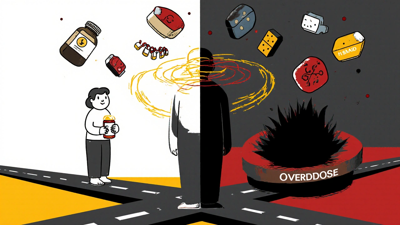 A split figure pulled toward an overdose by alcohol, surrounded by falling danger symbols in bold graphic style.