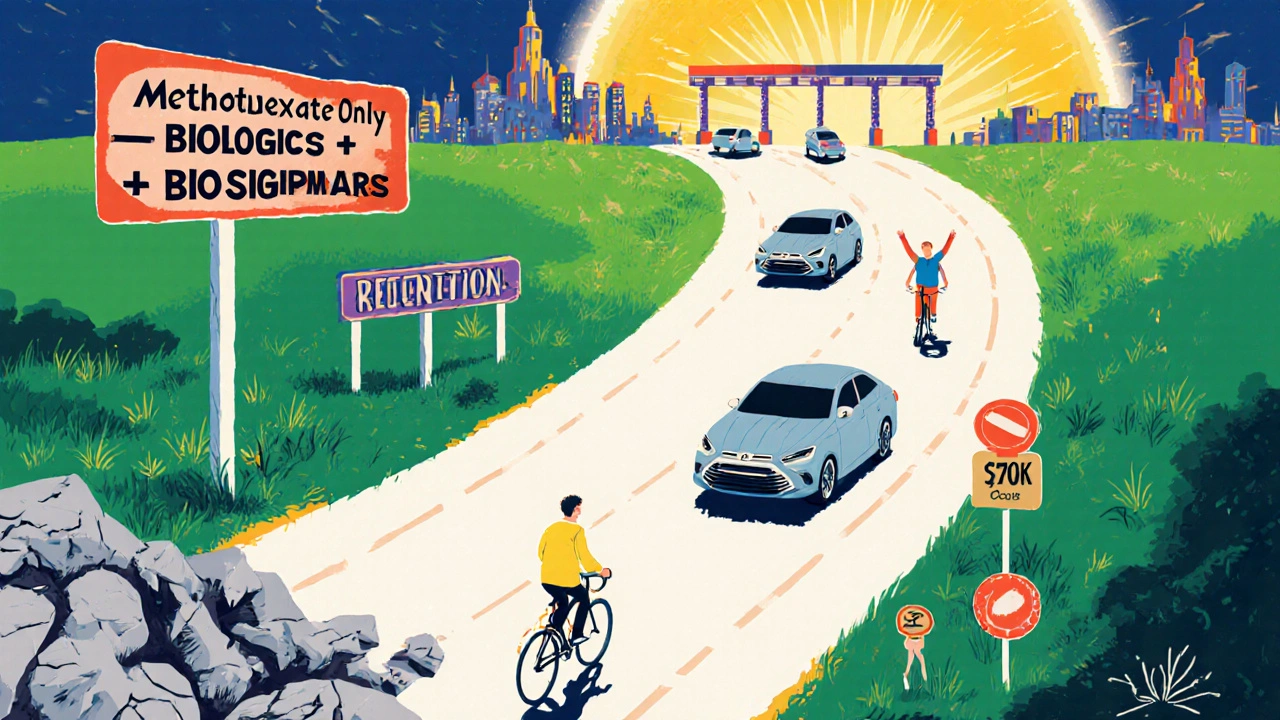 A symbolic journey from a dead-end path to a radiant remission city, with biosimilars as affordable alternatives.