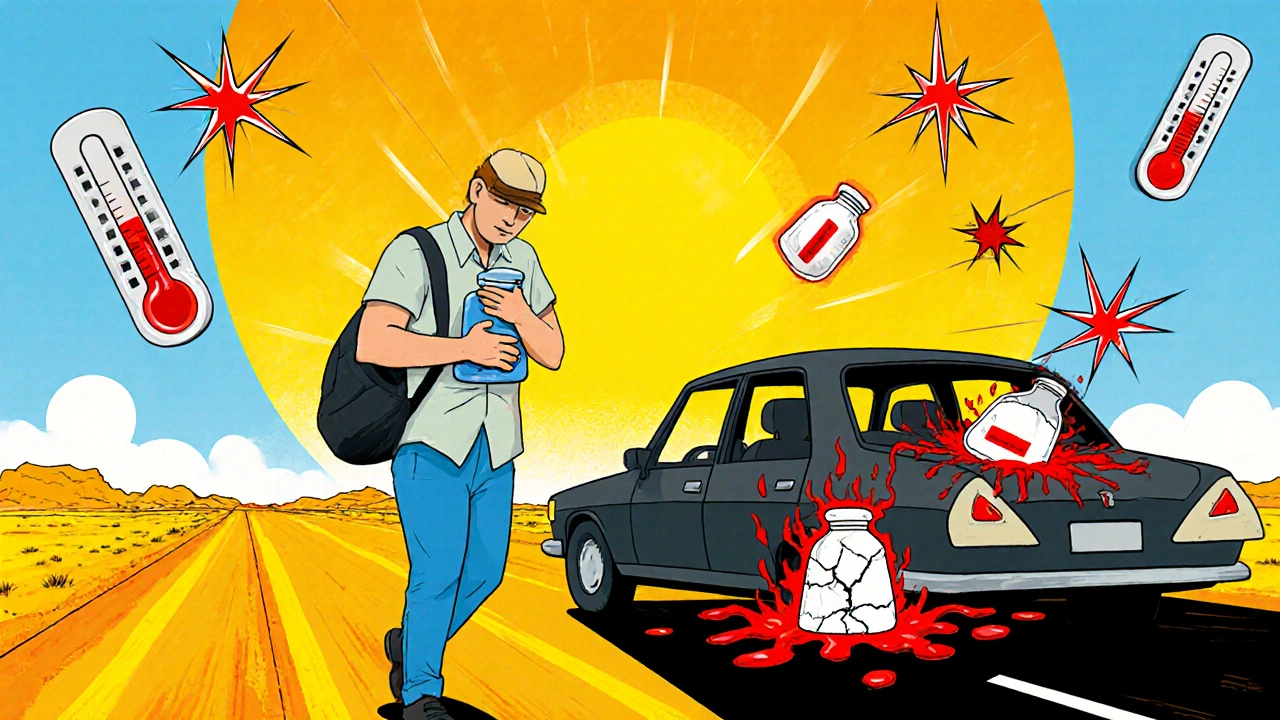 A traveler holding a thermal bag close as a hot car melts medication behind them in a stylized desert scene.