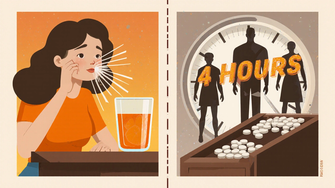 A woman taking iron with orange juice at dawn, while calcium pills rest at night, separated by a glowing 4-hour clock.