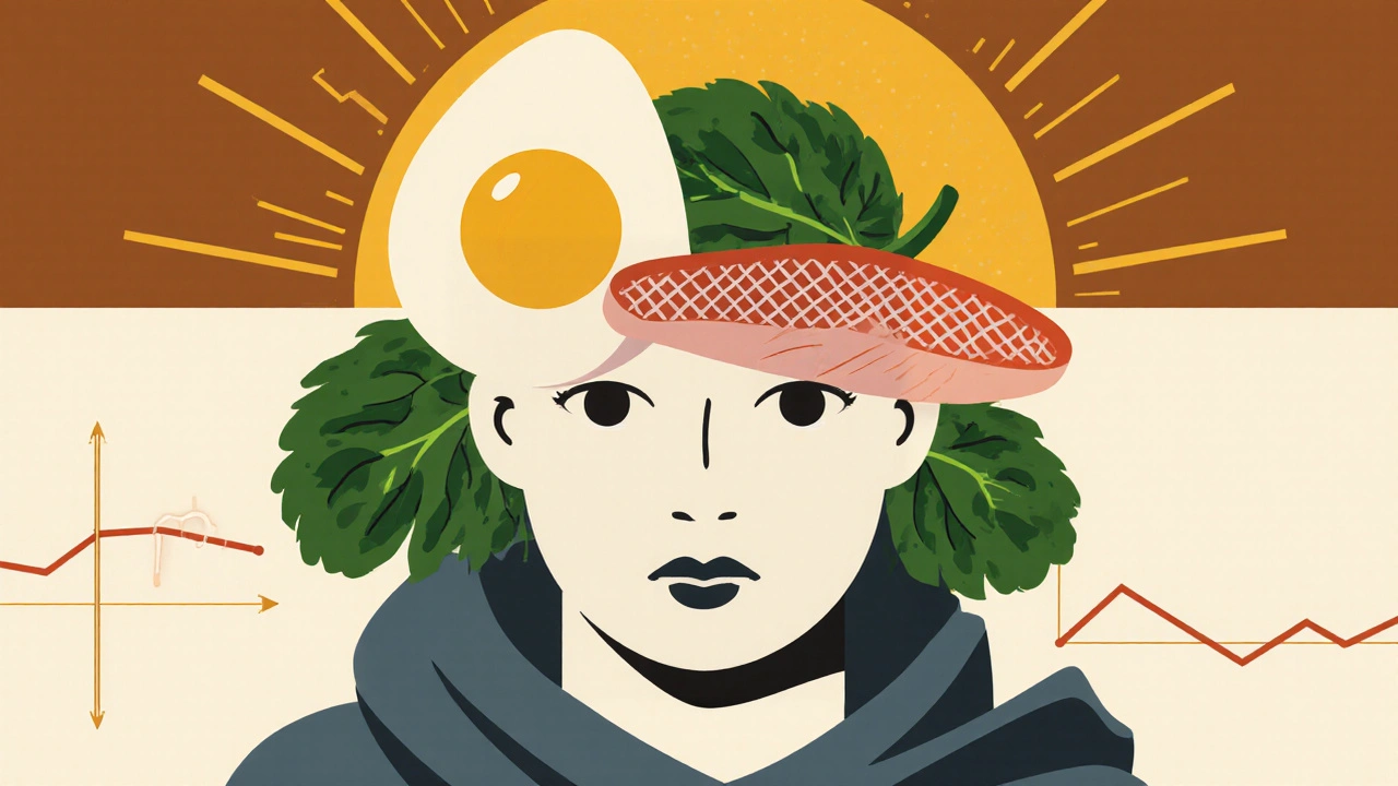 Abstract portrait with food icons forming the face, rising sun shaped like thyroid behind, in muted poster colors.