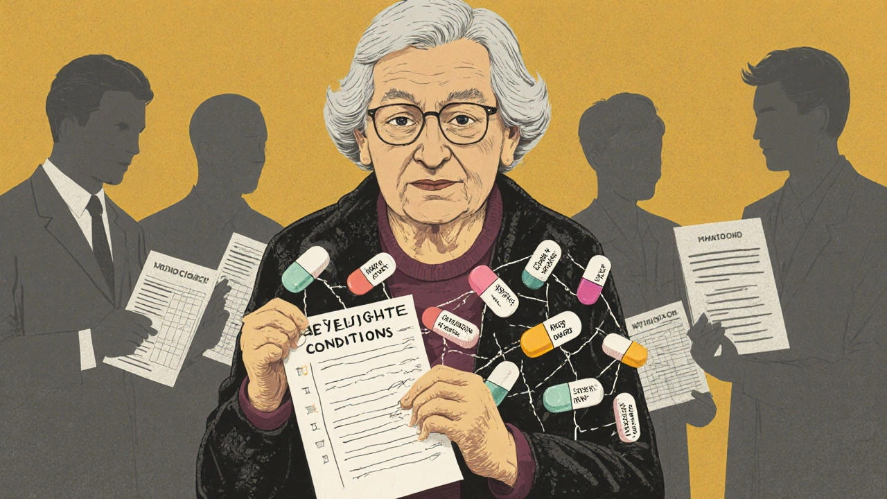 An elderly woman holding a handwritten medication list that turns into a chain of pills, with doctors overlooking incomplete charts.