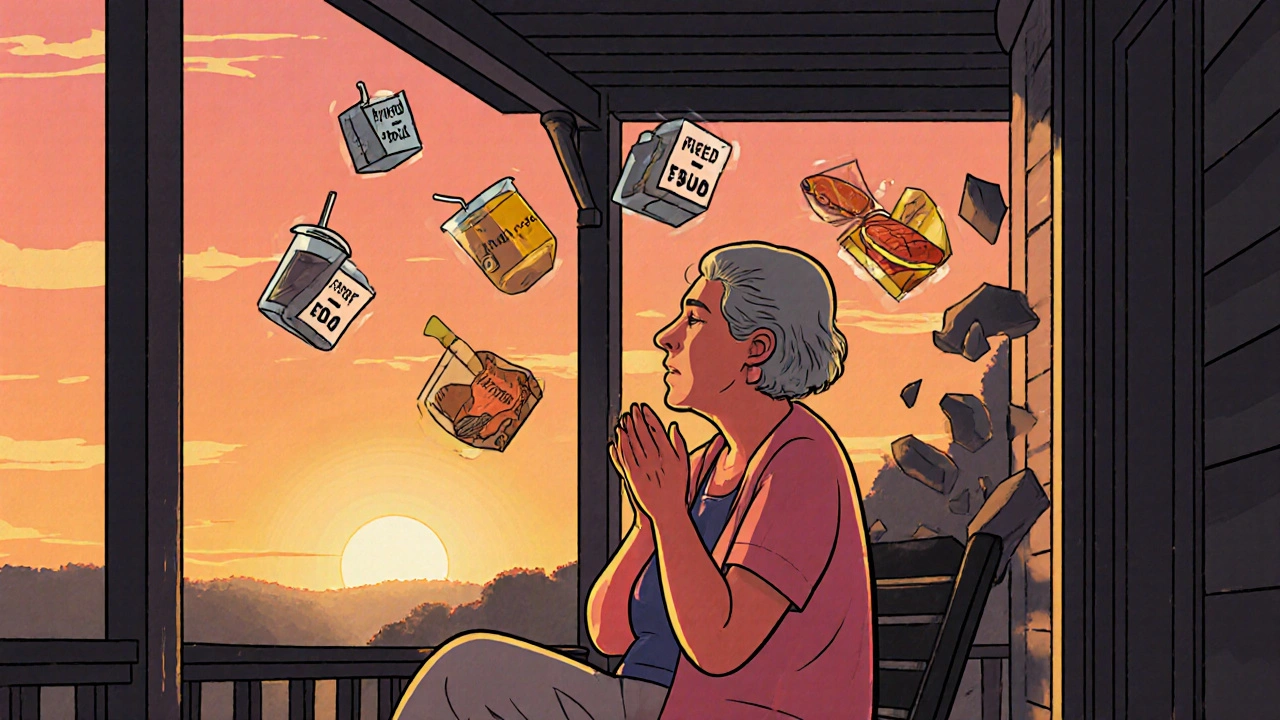 An elderly woman on a porch at sunset, surrounded by floating healthy foods and drinks, with unhealthy items fading behind her.
