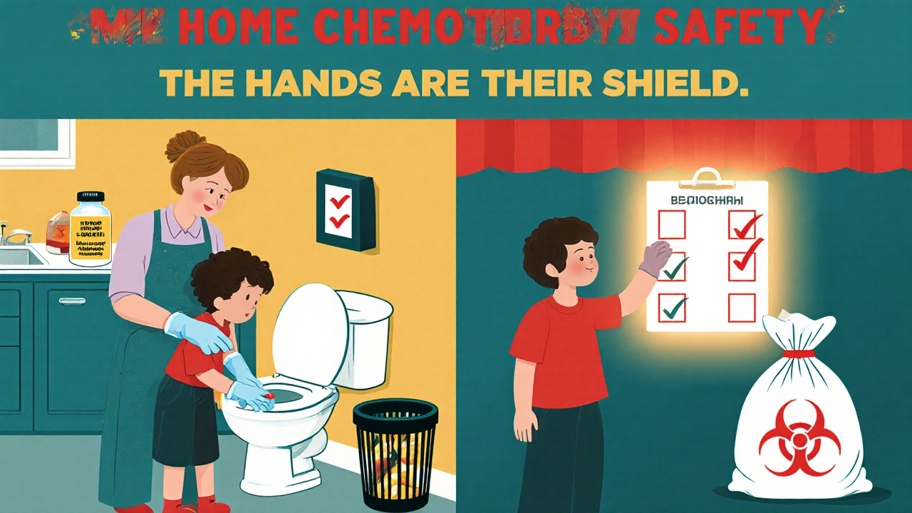 Caregiver safely managing chemotherapy waste at home with a child reaching for pills, illustrated in bold poster style.