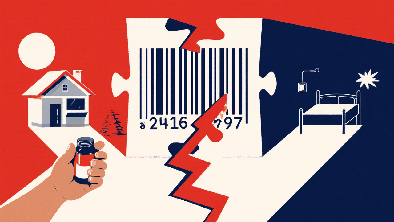 Child&#039;s hand receiving pill from barcode splitting into safe and dangerous paths, puzzle-piece barcode with missing pieces, Polish poster aesthetic.