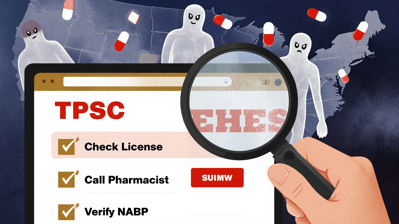 Consumer using magnifying glass to verify online pharmacy, surrounded by floating counterfeit pills and verification icons in stylized illustration.