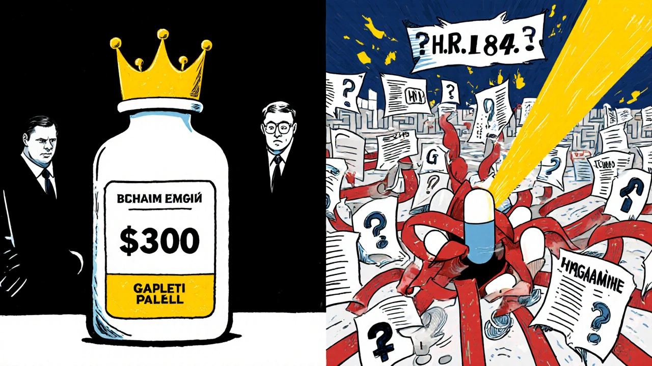Contrasting brand-name drug with golden crown versus generic pill lost in bureaucratic maze under H.R. 1843 light.