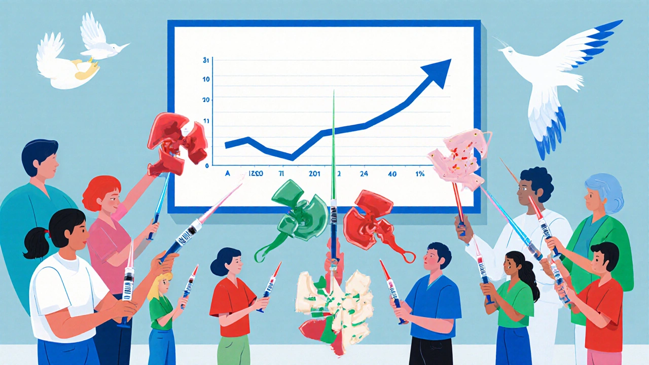 Diverse patients using colored energy beams from syringes to repair damaged joints in a clinic setting.