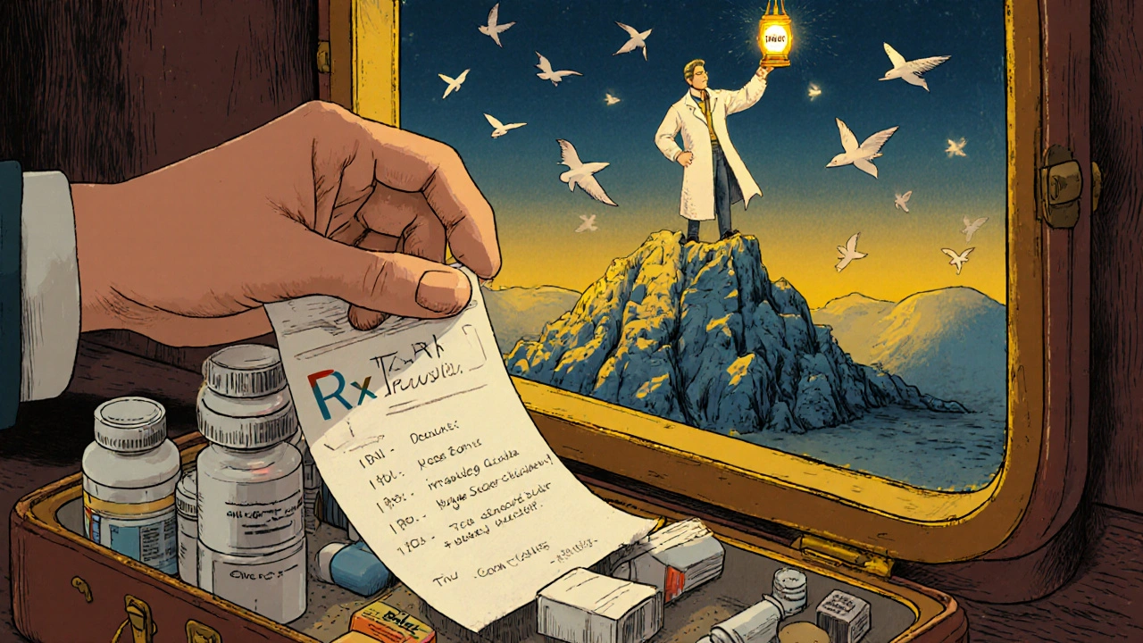 Hand placing medication list into suitcase, shattered Google Translate icon, heroic pharmacist holding lantern with international drug boxes.