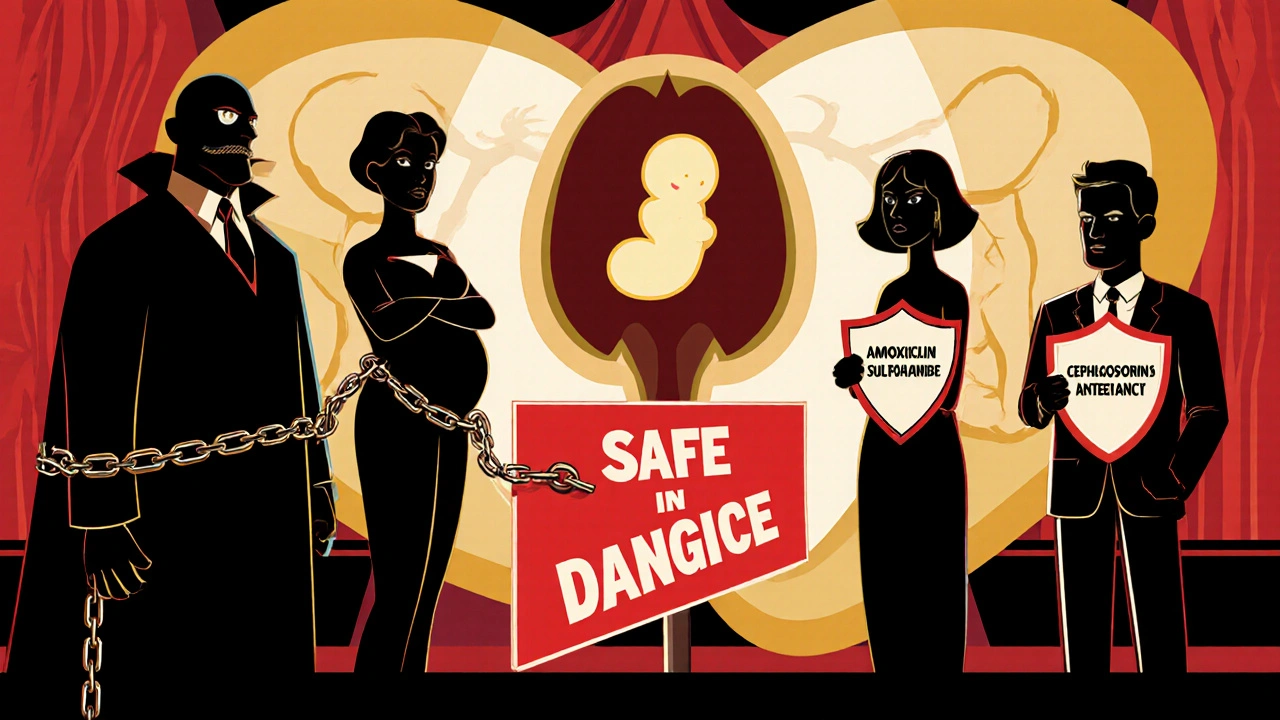 Heroic safe antibiotics standing tall against shadowy dangerous ones in a symbolic womb-themed courtroom scene.