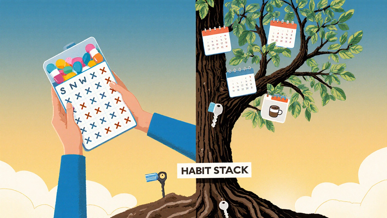 Person holding pill organizer as body becomes tree with calendar X&#039;s as branches