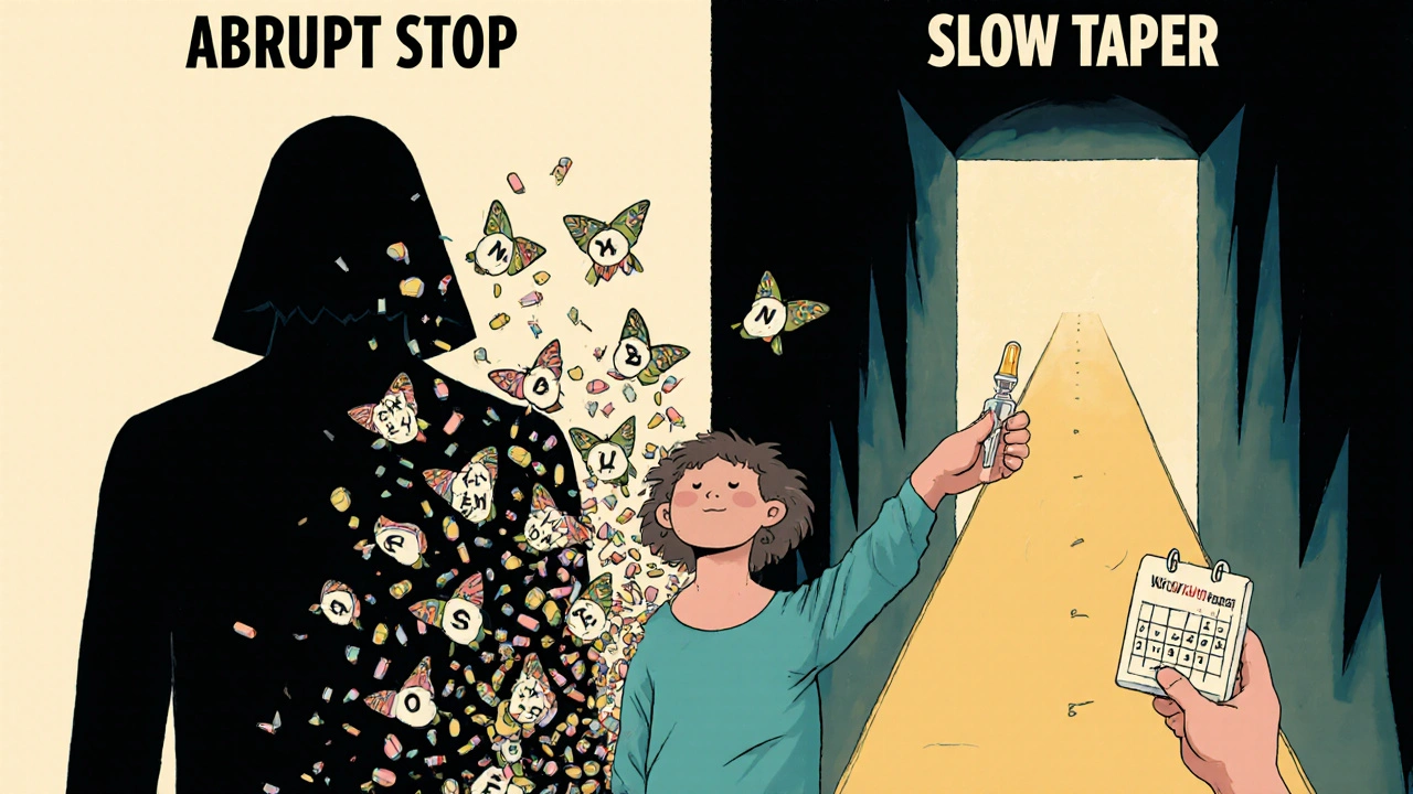 Person transforming into butterflies while moving from a dark &#039;abrupt stop&#039; toward a warm &#039;slow taper&#039; path.