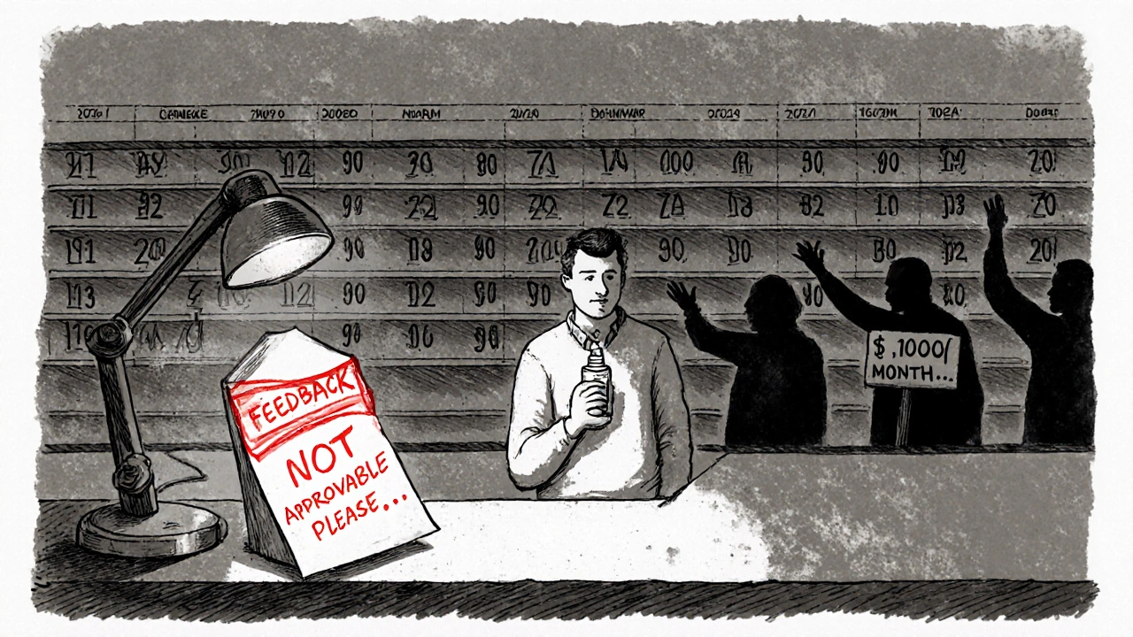 Pharmacist holding one nasal spray bottle as empty shelves stretch behind with years of delays marked.