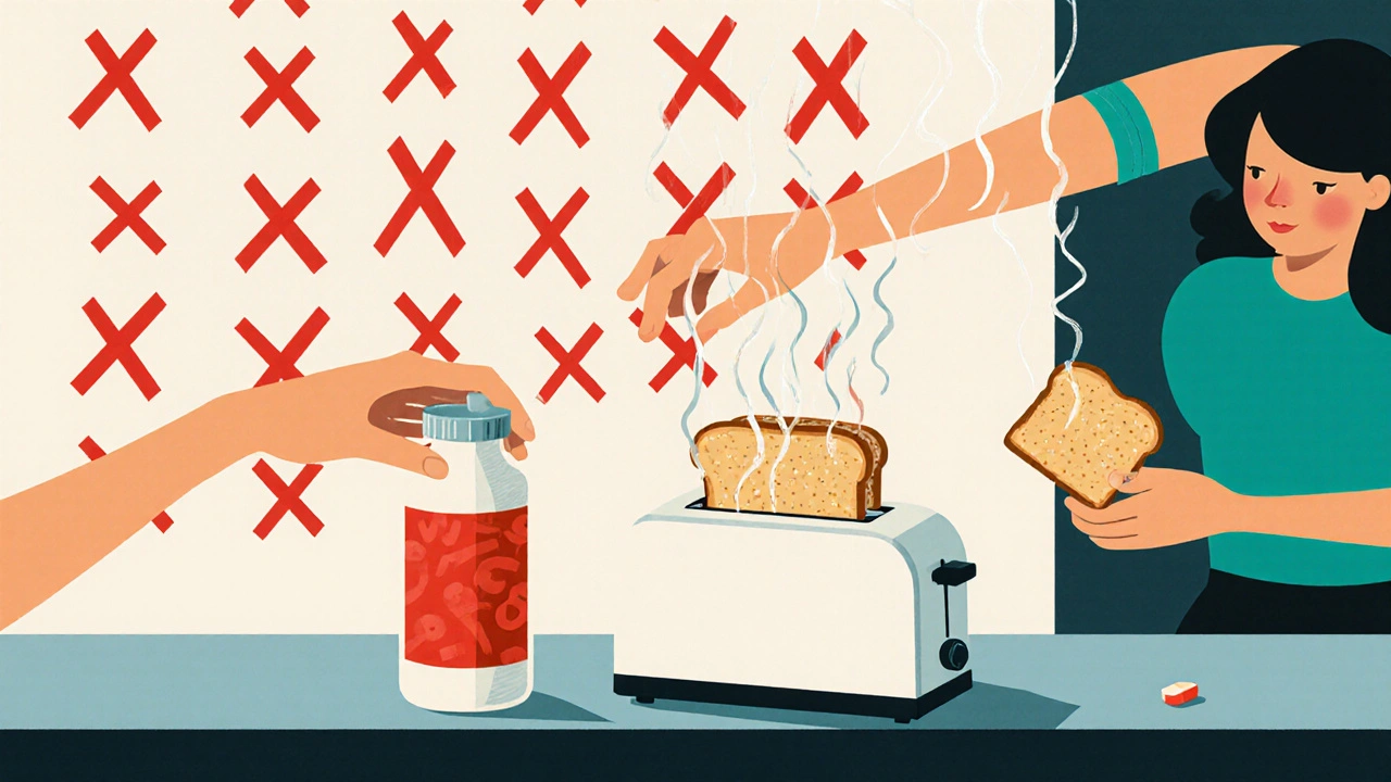 Pill bottle beside toaster on kitchen counter with calendar full of red X&#039;s