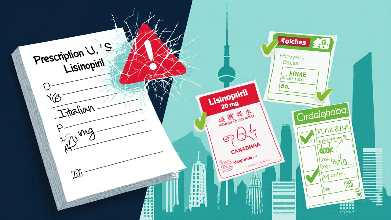 Split illustration of U.S. prescription vs. international labels with warning symbols and correct dosage checkmarks.