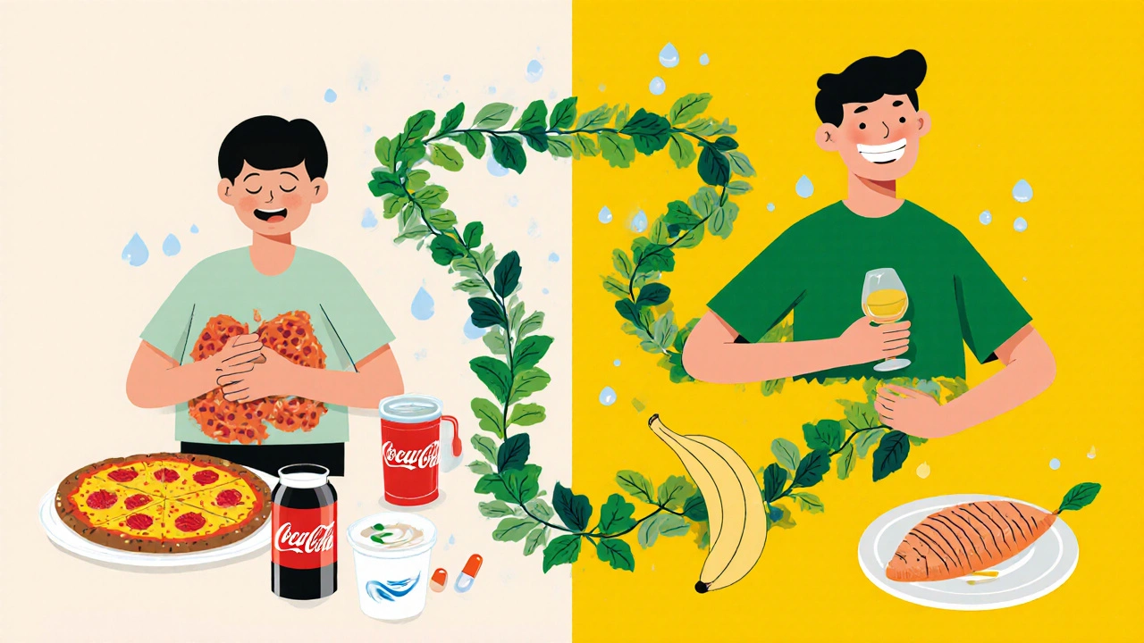 Split image: one side shows discomfort with unhealthy food, the other shows calm with nutritious meals and medication, connected by healing symbols.