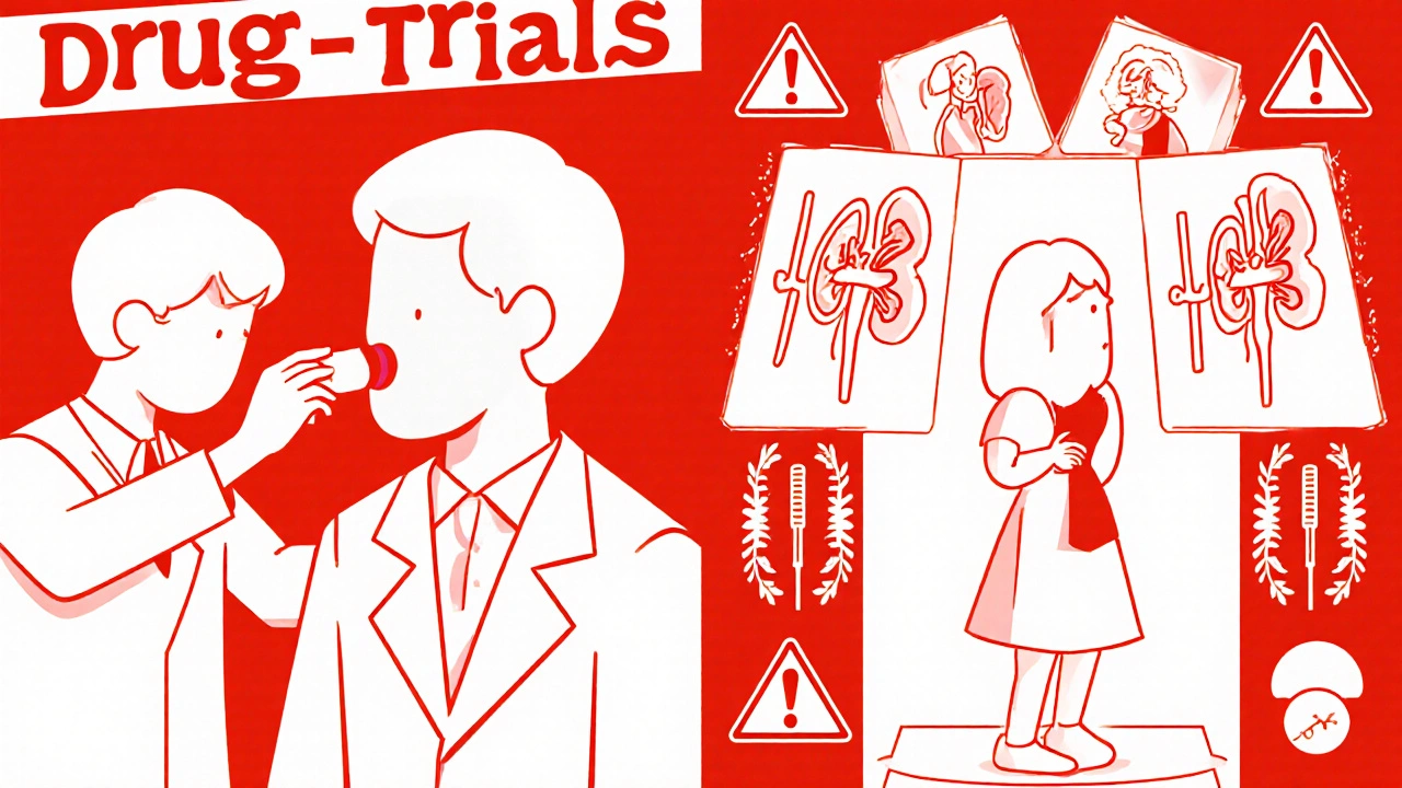 Split image showing a man and woman receiving the same pill, with warning symbols highlighting gender bias in drug dosing.