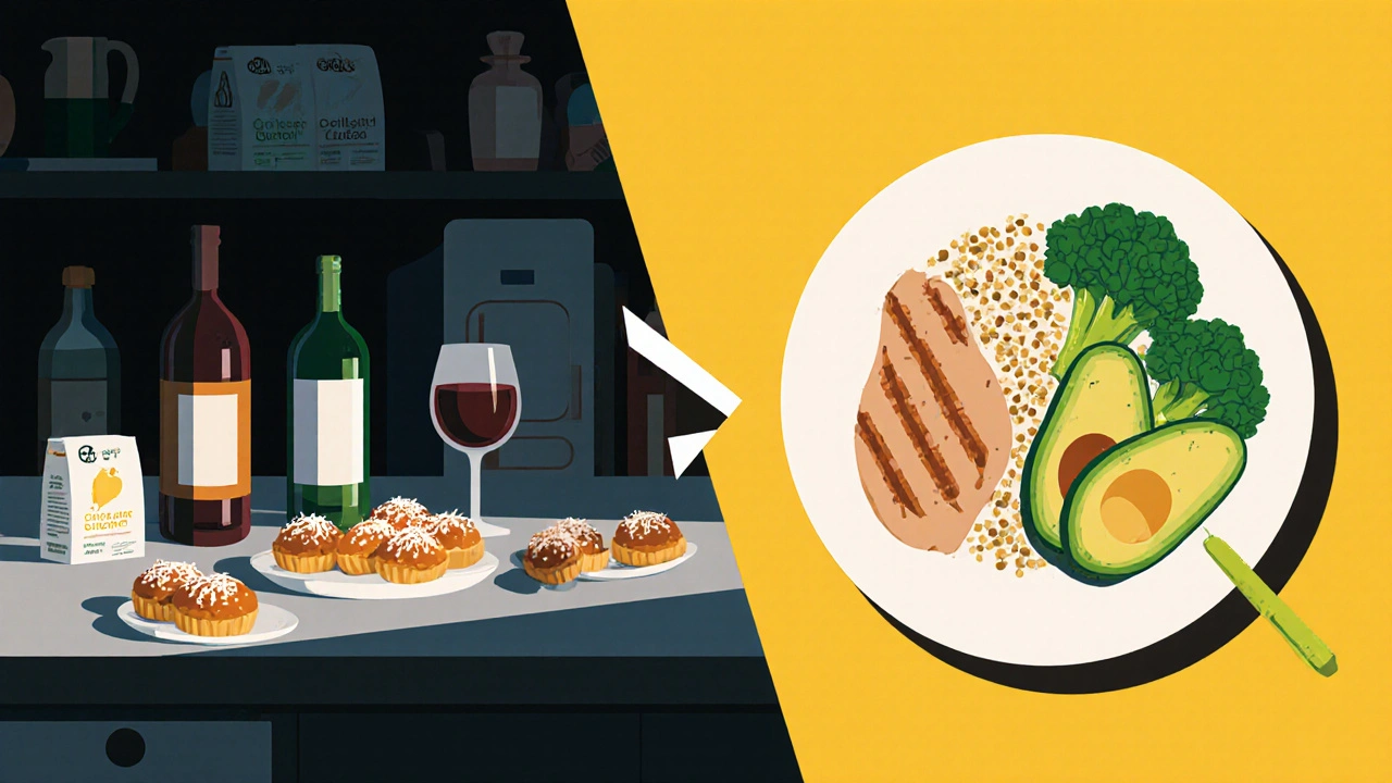 Split kitchen scene: unhealthy foods on dark side, healthy meals on bright side, divided by color-coded arrow.