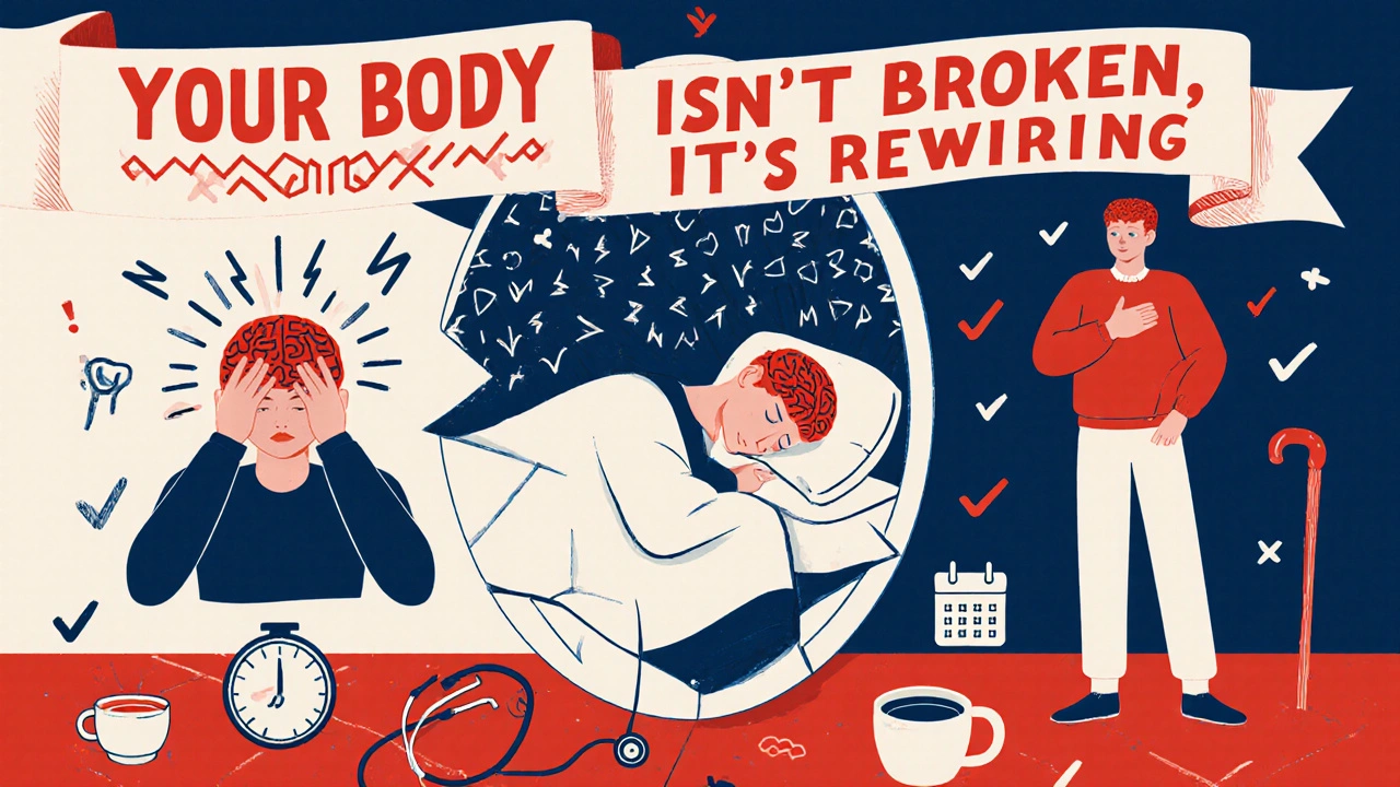 Three fragmented reflections of a person experiencing withdrawal, with symbols of support and the message &#039;Your Body Isn’t Broken, It’s Rewiring.&#039;