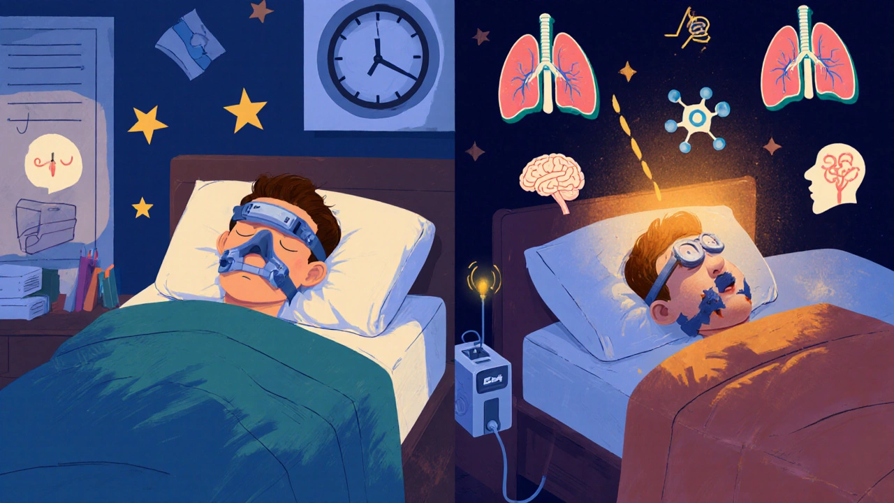 Two beds at night: one with simple CPAP and peaceful sleep, another with complex BiPAP and floating health symbols in stylized poster art.