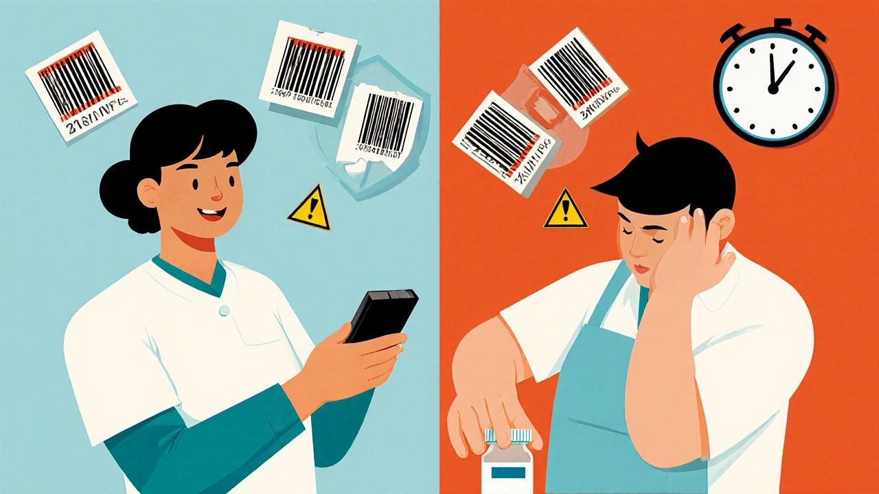 Two pharmacists: one scanning safely, one skipping scan; floating barcodes as shields and warnings, high-contrast colors, clock symbolizing time pressure.