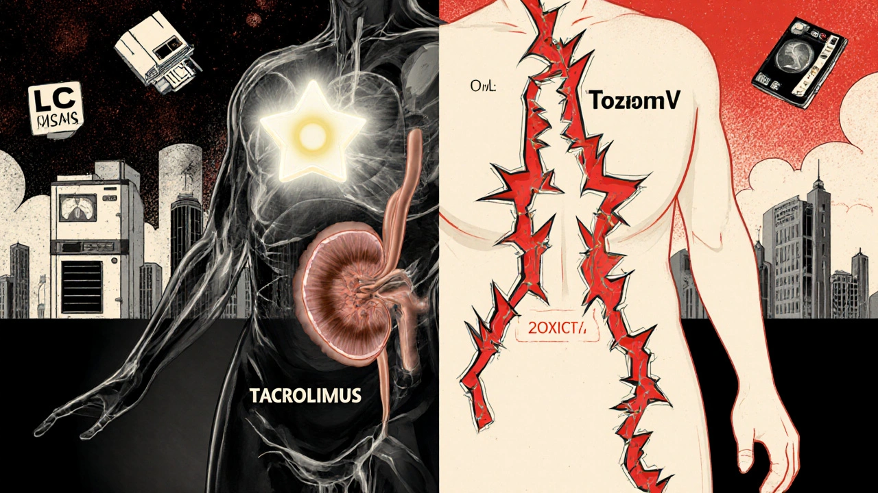 Two sides of a transplant patient: one healthy with safe drug levels, the other damaged by toxicity, with lab equipment in the background.