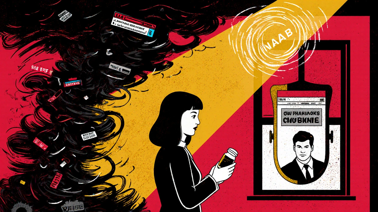 Woman&#039;s reflection shows her pharmacist&#039;s face, symbolizing trust, while fake websites swirl around her in dramatic poster art.