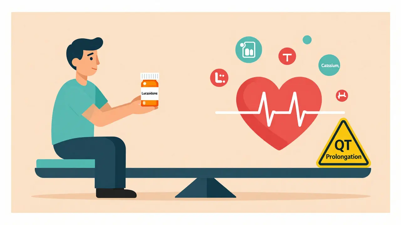 A balanced scale showing a safe antipsychotic on one side and a healthy heart on the other, with electrolyte icons promoting safety.