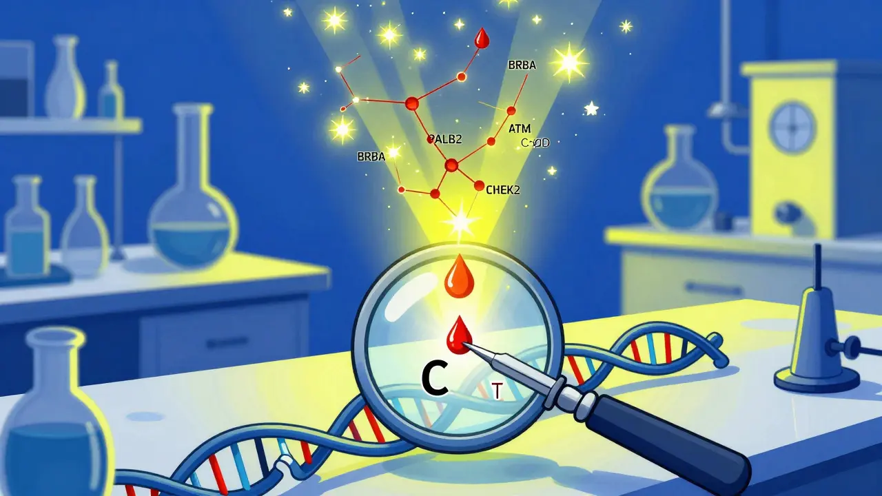 A blood droplet transforming into floating gene icons under a magnifying glass with CRISPR editing a DNA letter, in Polish poster school style.