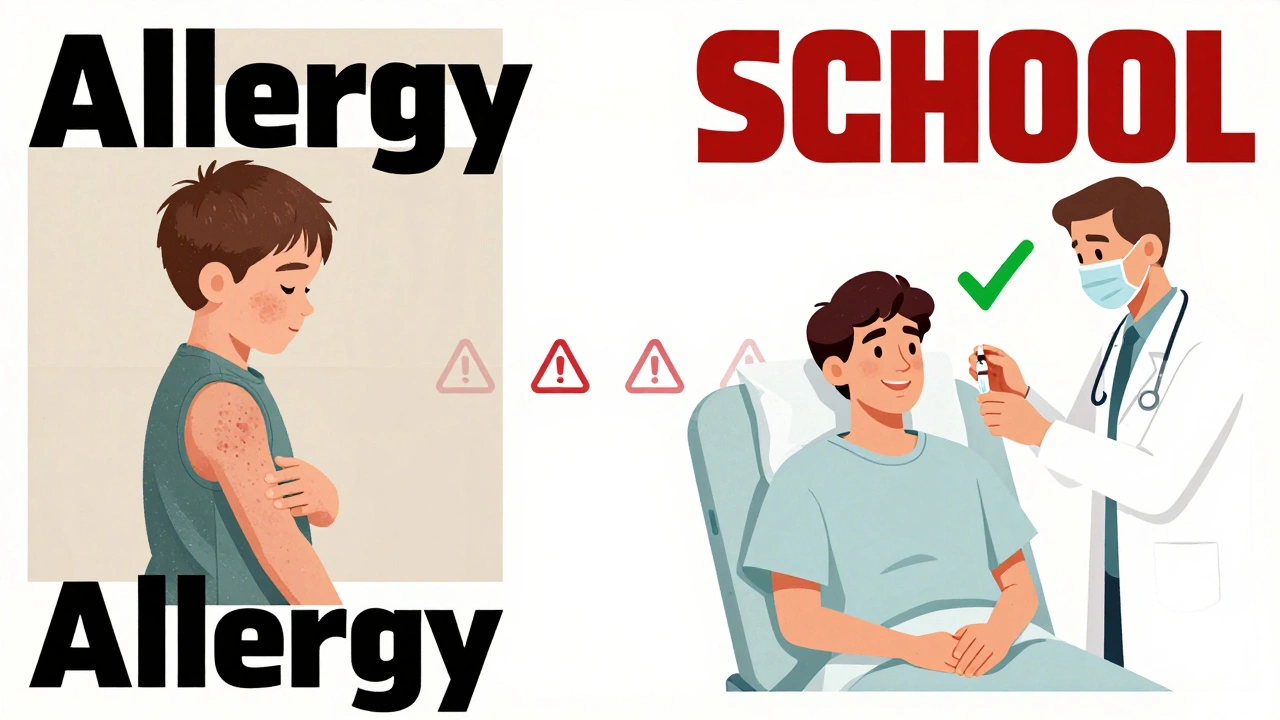 A child with a rash transforms into an adult safely receiving amoxicillin, shown in a split-panel Polish poster design.