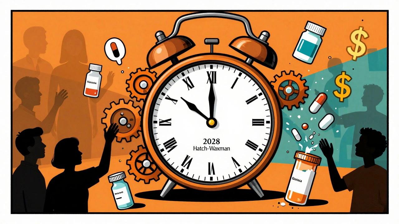 A clock with prescription bottle gears ticks from 1984 to 2028, with shattering drug icons and patients reaching for affordable pills.