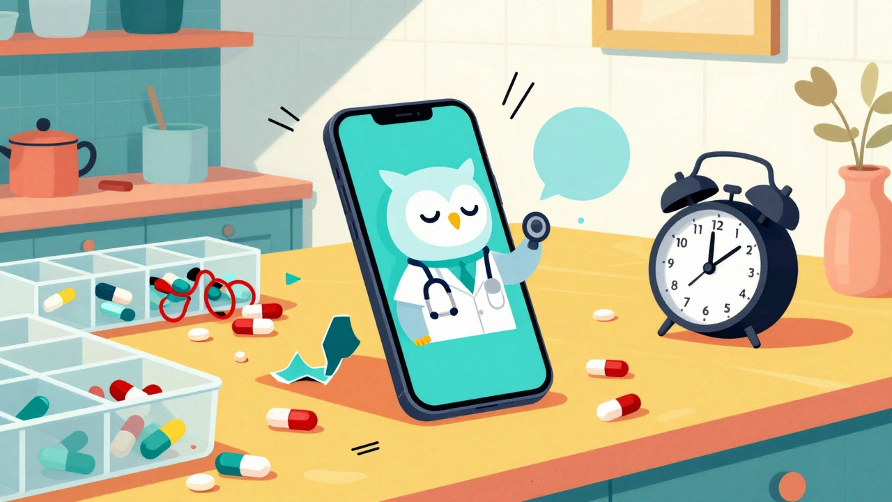 A cluttered kitchen counter with a smartphone as the hero, defeating messy pill organizers with a friendly AI coach.