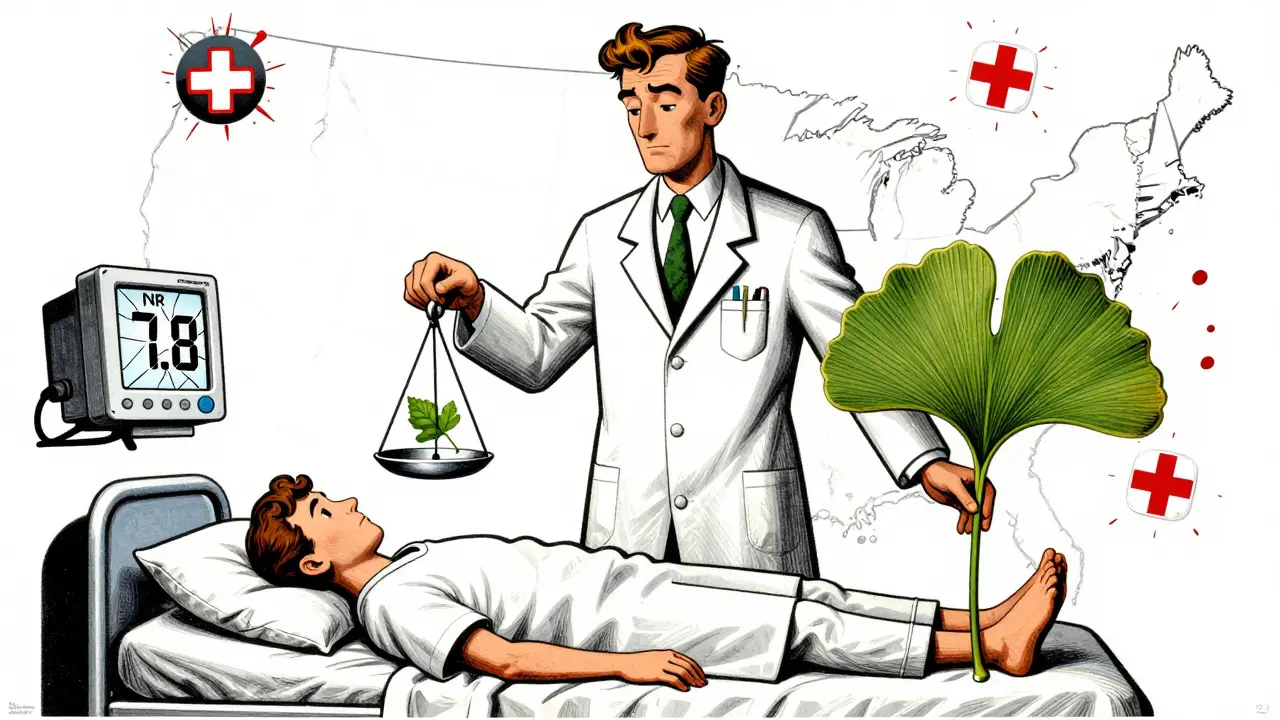 A giant herbal figure crushing a patient under a ginkgo leaf, with a shattered INR monitor and emergency room icons in background.