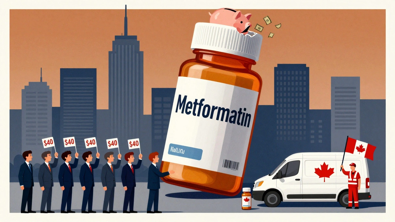 A giant metformin bottle spilling money over a U.S. city, with a Canadian postal worker delivering a low-cost alternative.