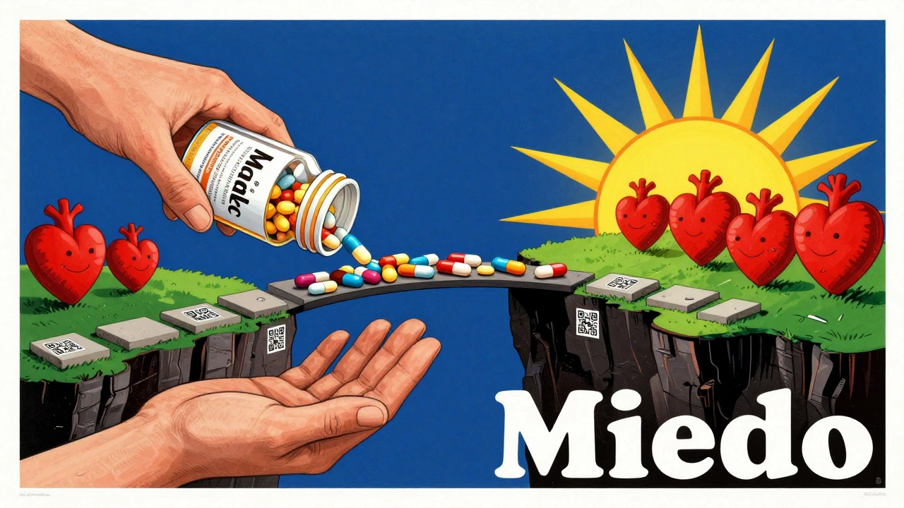 A hand reaches across a fear-shaped chasm made of pills, leading to a sunlit healthy future with QR code stepping stones.