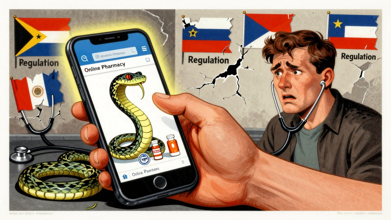 A hand reaches for a fake online pharmacy site as a snake of pill bottles wraps around a patient.