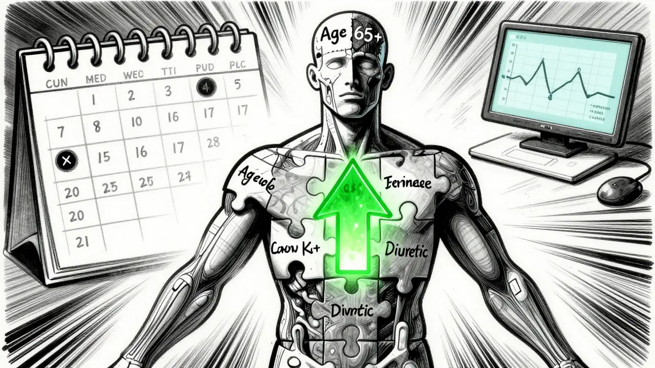 A human silhouette made of risk factor puzzle pieces, pierced by a green arrow symbolizing safe ECG monitoring.