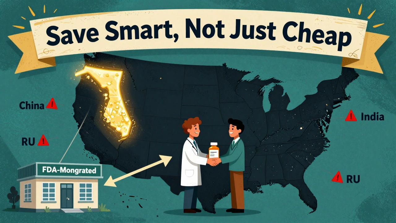 A map showing U.S. states with safe import programs connected to Canada, while risky websites glow red in the background.