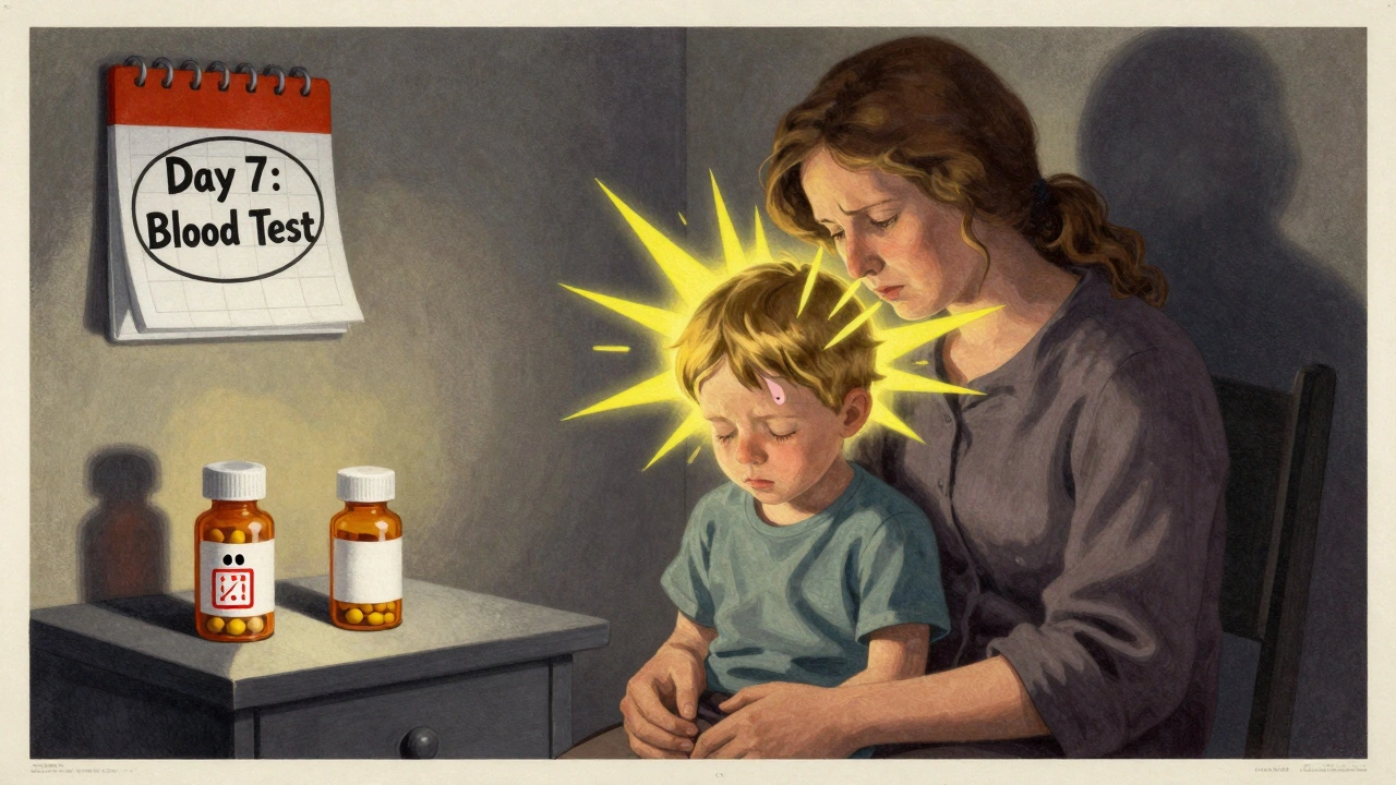 A mother and child in a quiet room; the child has a seizure aura while two pill bottles cast ominous shadows on the nightstand.