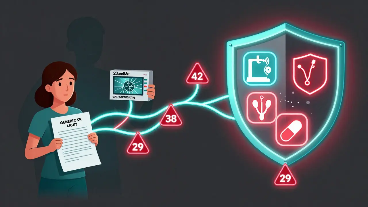A neon family tree with cancer diagnoses marked in red, leading to a woman protected by medical icons, beside a false-negative DTC test box.