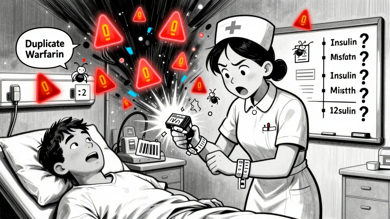 A nurse overwhelmed by flashing alert icons in a hospital, scanning multiple barcodes at once.
