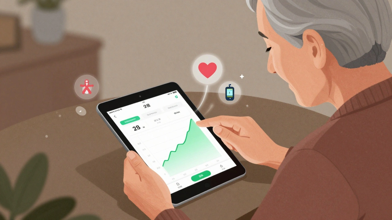 A parent and elderly relative setting up a medication app together, with a progress dashboard glowing softly above them.