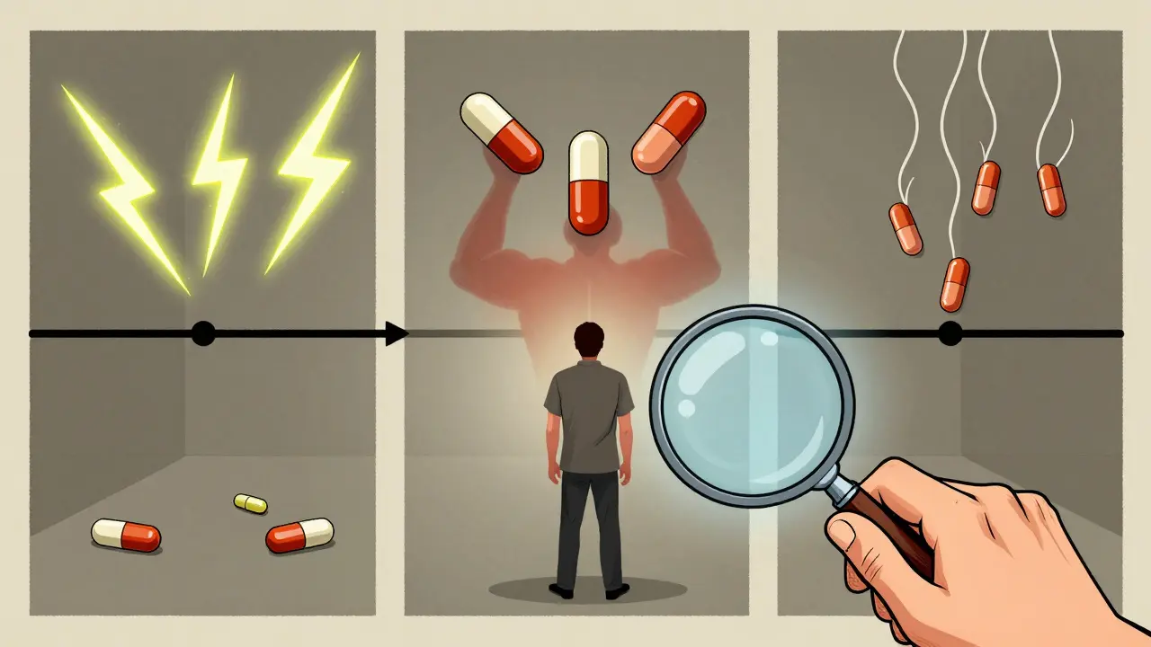 A patient at the center of three timeline corridors showing early, mid, and delayed drug side effects in stylized poster art.