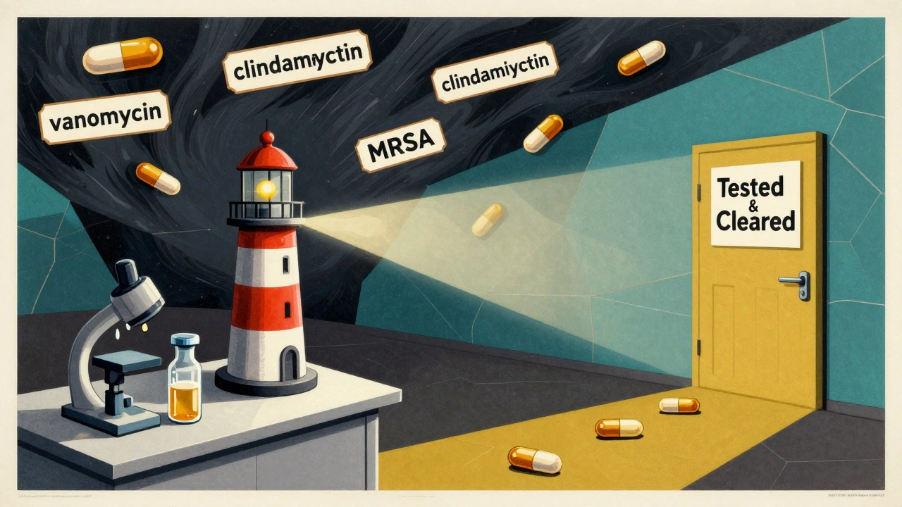 A penicillin vial shines like a lighthouse through a storm of dangerous antibiotics, guiding a path to safety.