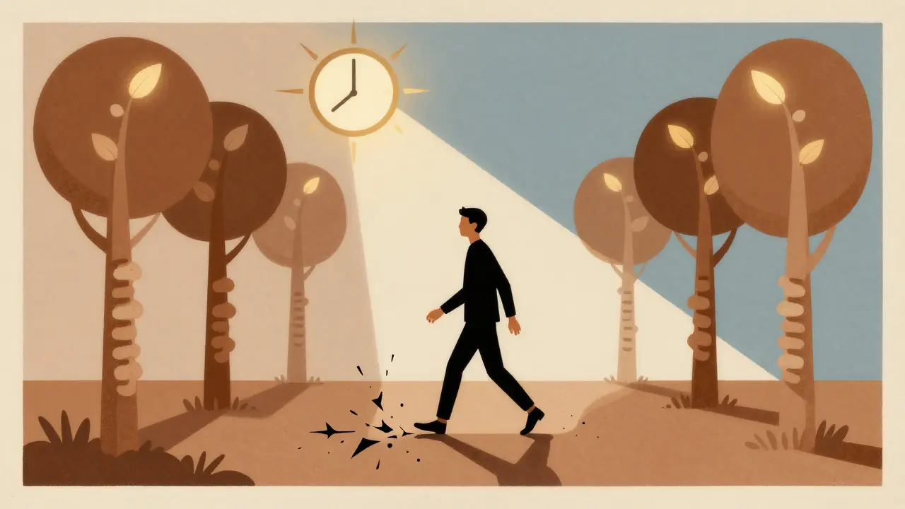 A person walking on a path of spine-shaped trees, with glowing joints and shattered pain symbols beneath their feet.