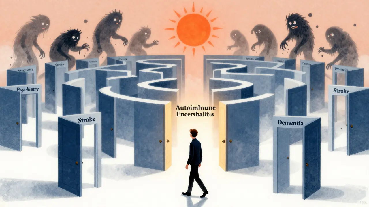 A person walking through misleading doorways toward a glowing path labeled autoimmune encephalitis in abstract poster style.